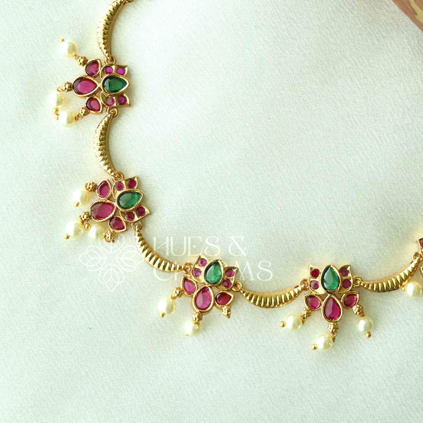 GOLDEN  PADMARAGA NECKLACE SET WITH PEARLS