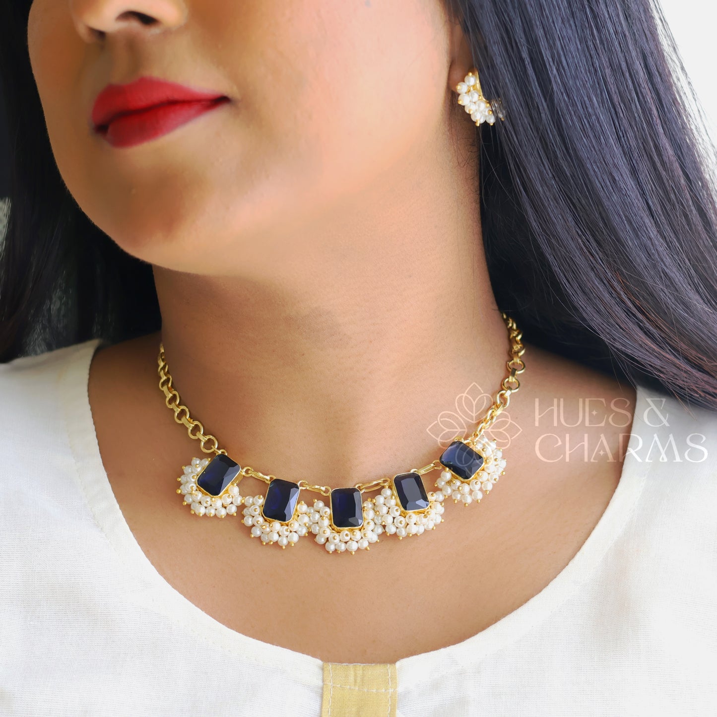 GLOSSY SQUARE DROP NECKLACE SET WITH PEARLS -BLUE