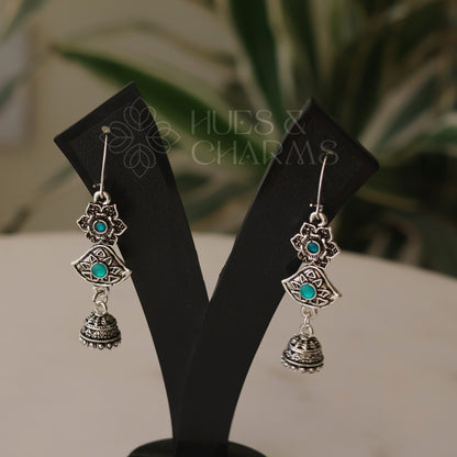 OXIDIZED FLOWER JUMKA EARRINGS- GREEN