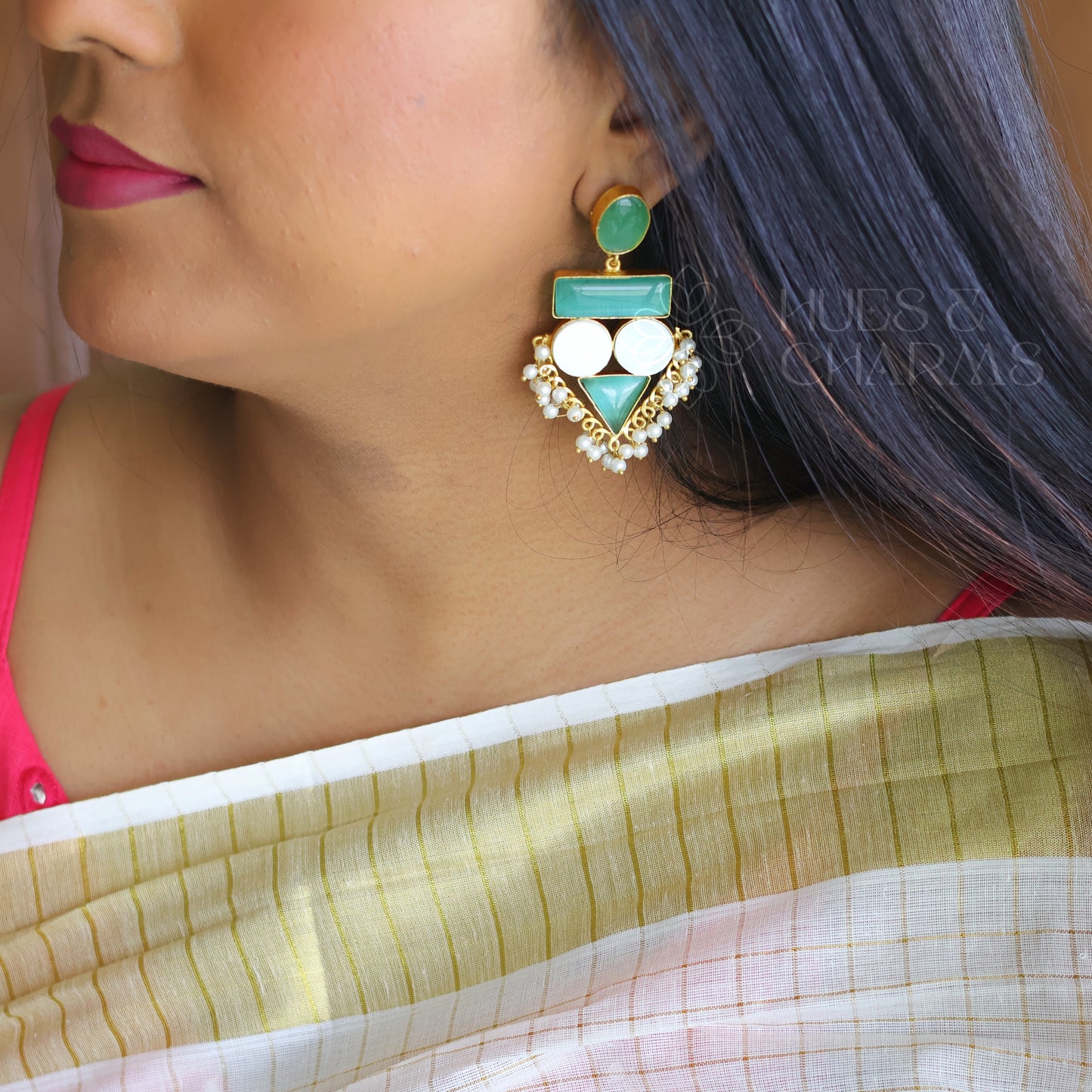 PRECIOUS STATEMENT EARRINGS WITH MOP -CORAL GREEN