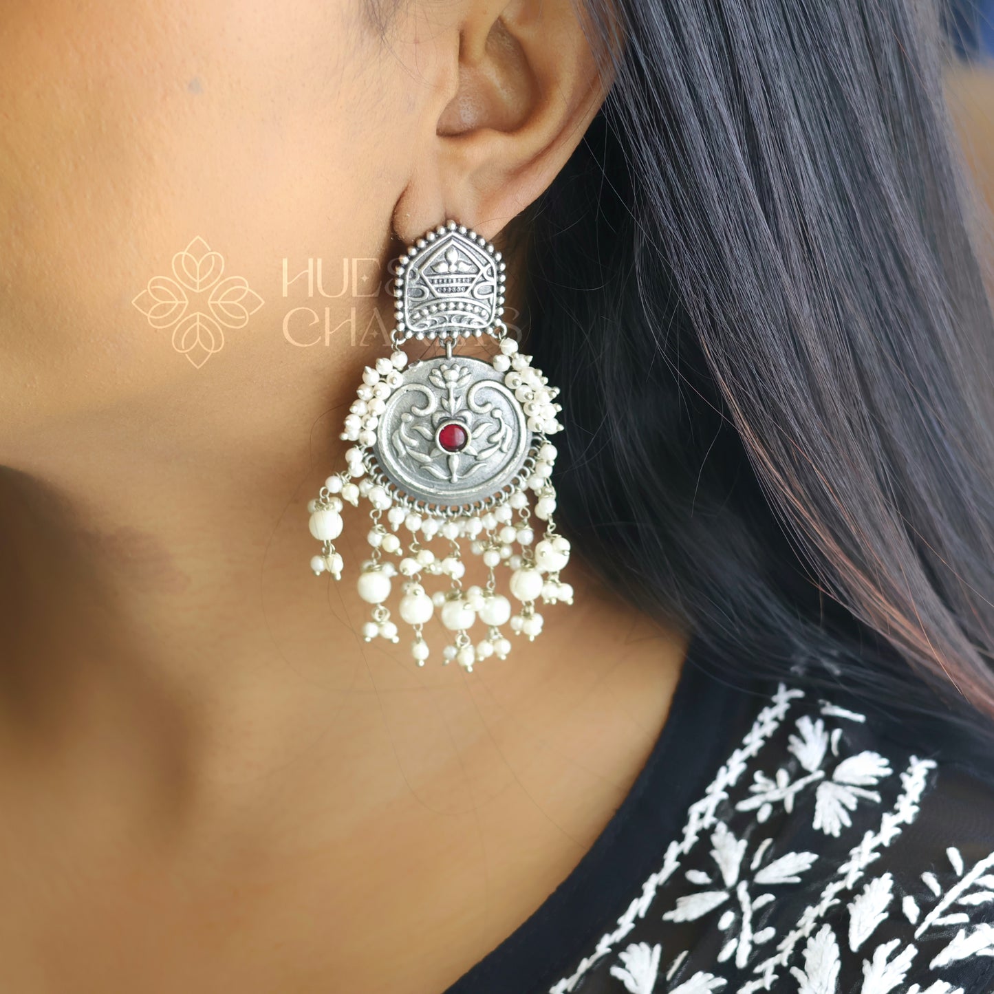 OXIDISED STATEMENT EARRING WITH PEARL DANGLERS(COLOURS AVAILABLE)