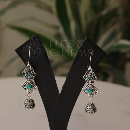 OXIDIZED FLOWER JUMKA EARRINGS- GREEN