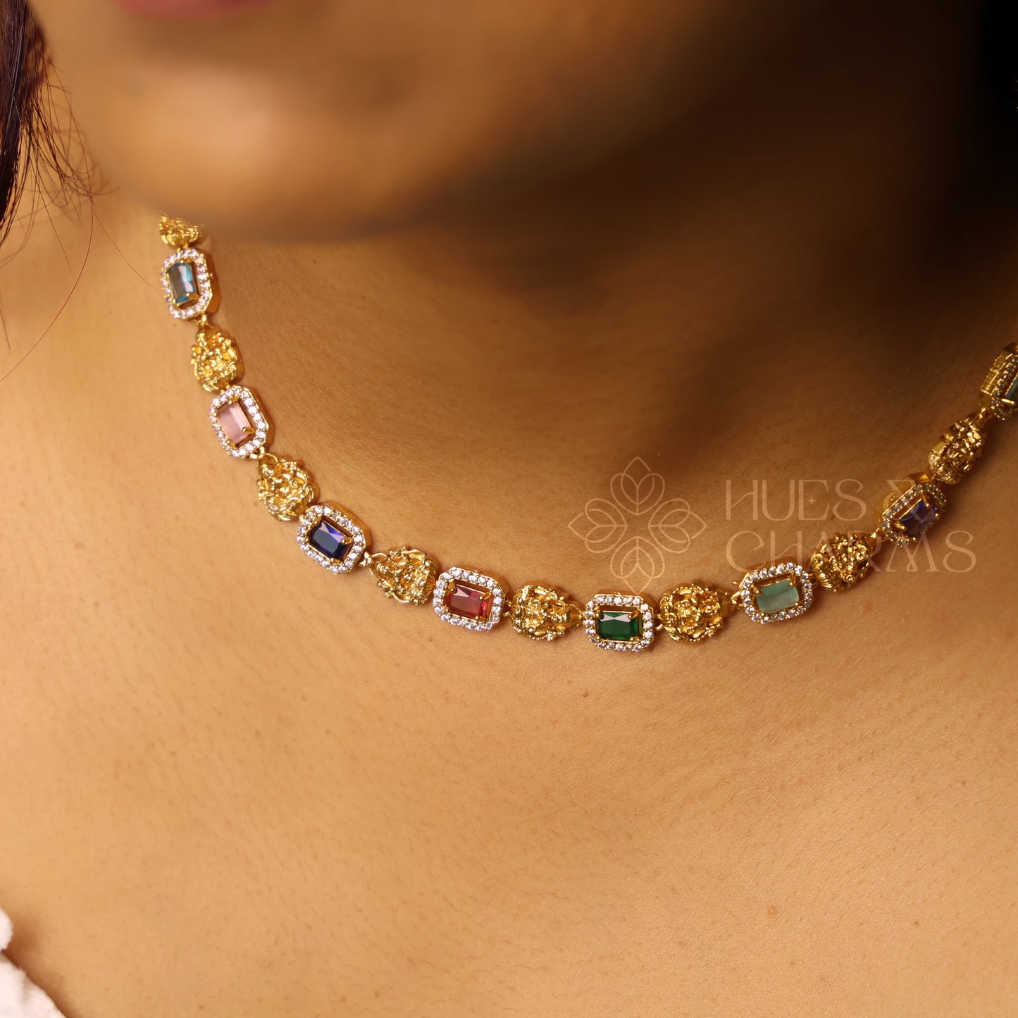 GOLDEN NAVARATNA LAKSHMI AD NECKLACE SET (Colours available)