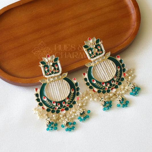 MEENAKARI EARRINGS WITH TRI JHUMKA  - GREEN