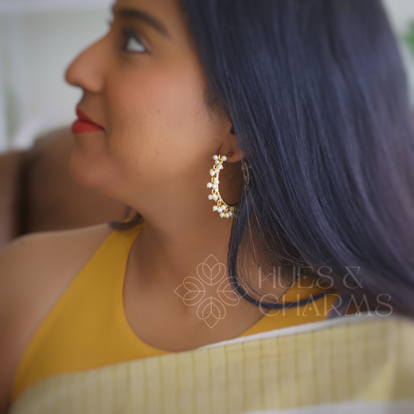 Golden Hammered Hoops with Cluster Pearls