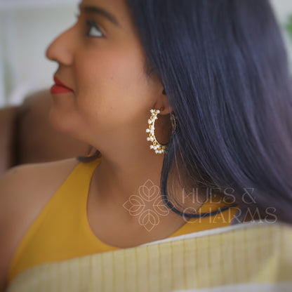 Golden Hammered Hoops with Cluster Pearls