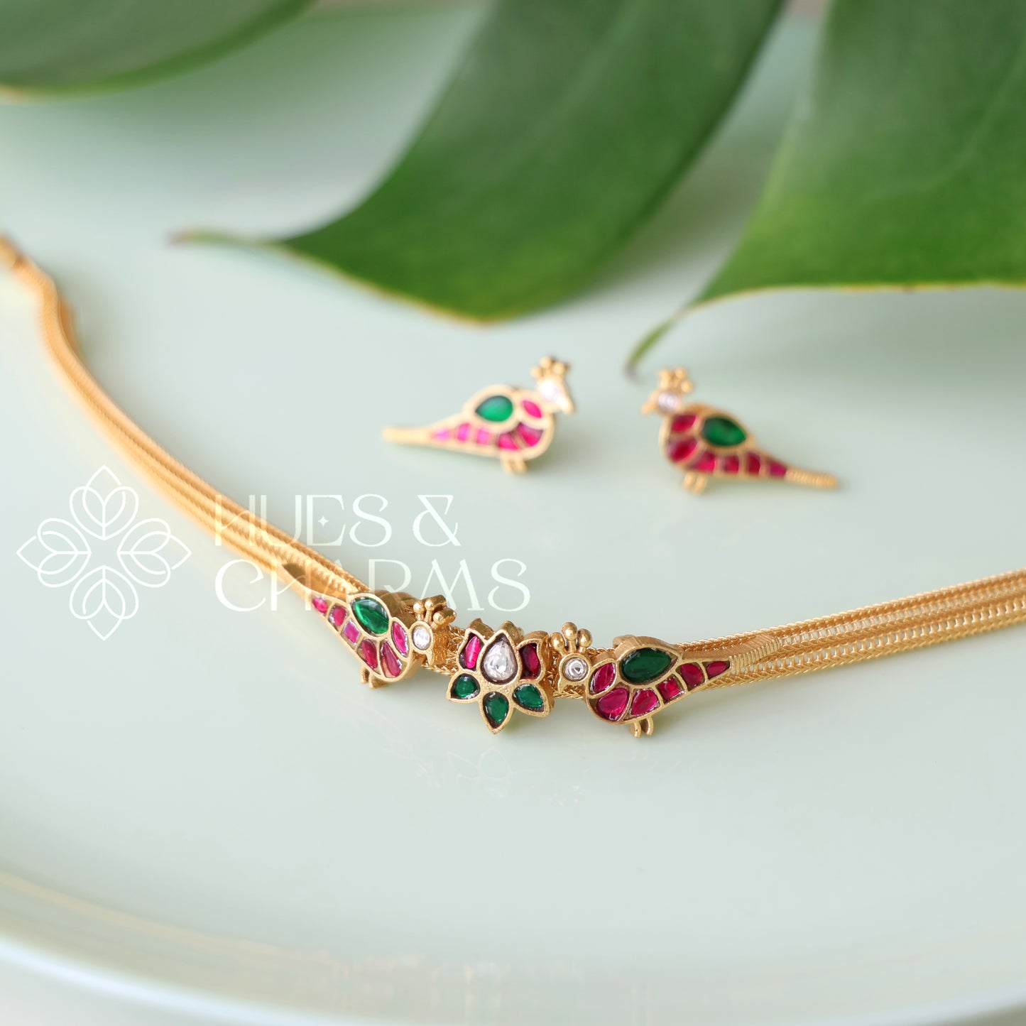GOLDEN LOTUS & PARROT JADAU CHOKER SET | PREMIUM JEWELLERY