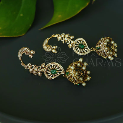 STATEMENT MAYURA AD EAR CUFF JHUMKA WITH PEARLS ( Colours available)|Premium jewellery