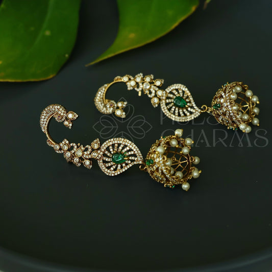 STATEMENT MAYURA AD EAR CUFF JHUMKA WITH PEARLS ( Colours available)|Premium jewellery
