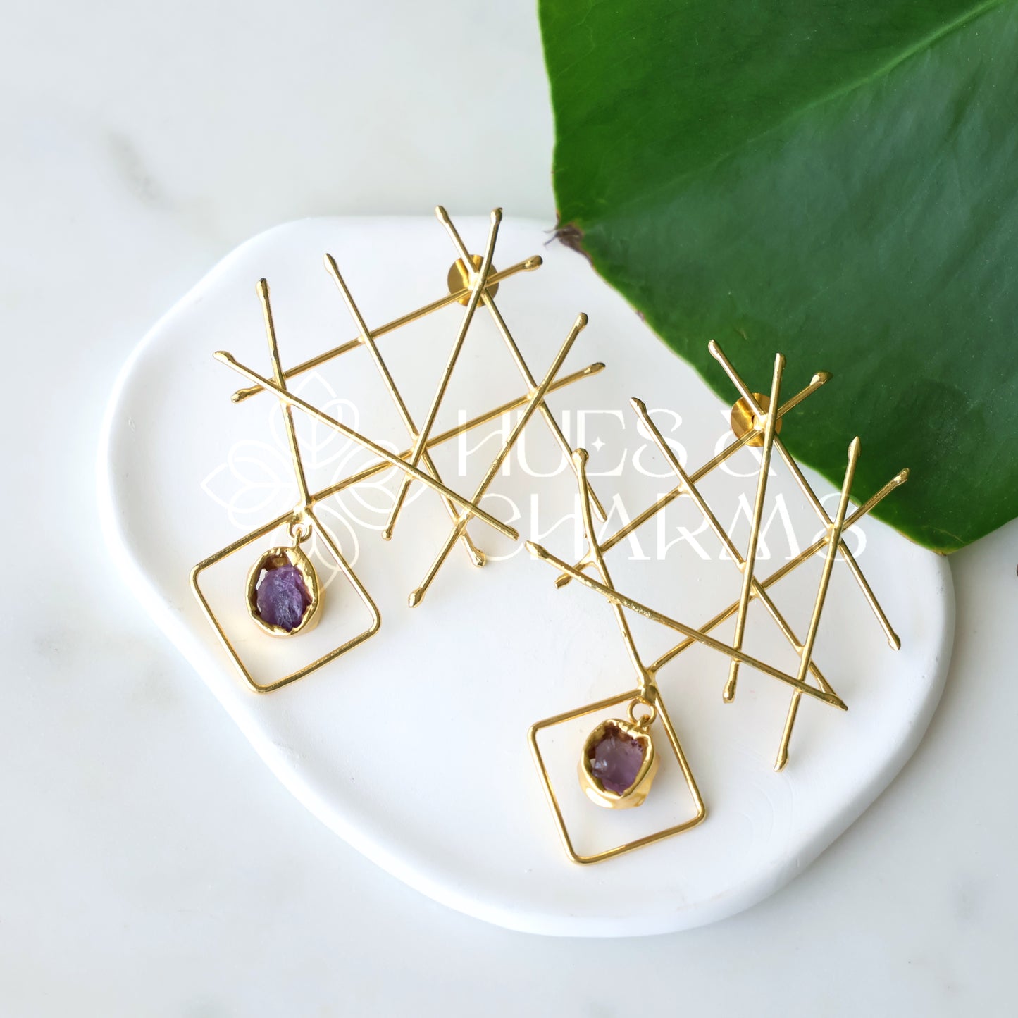 GOLDEN RAW STONE GRID DROPS EARRINGS (Colours available)