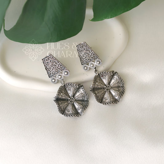 OXIDIZED TEXTURED FLORAL DROP WITH SELF DETAILING EARRINGS