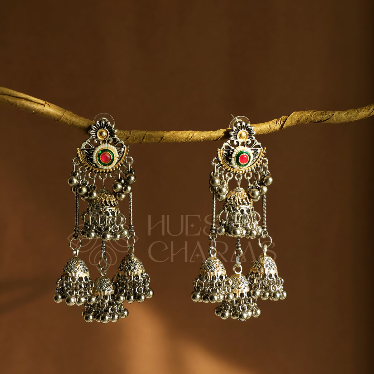 OXIDIZED DUAL TONE 3 LAYERED JHUMKA EARRINGS