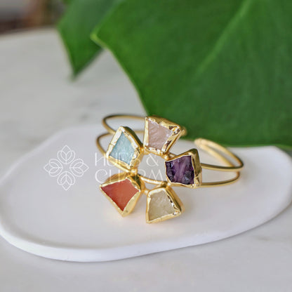 GOLDEN ELARA RAW STONE CUFF ADJUSTABLE BANGLE(COLOURS AVAILABLE)
