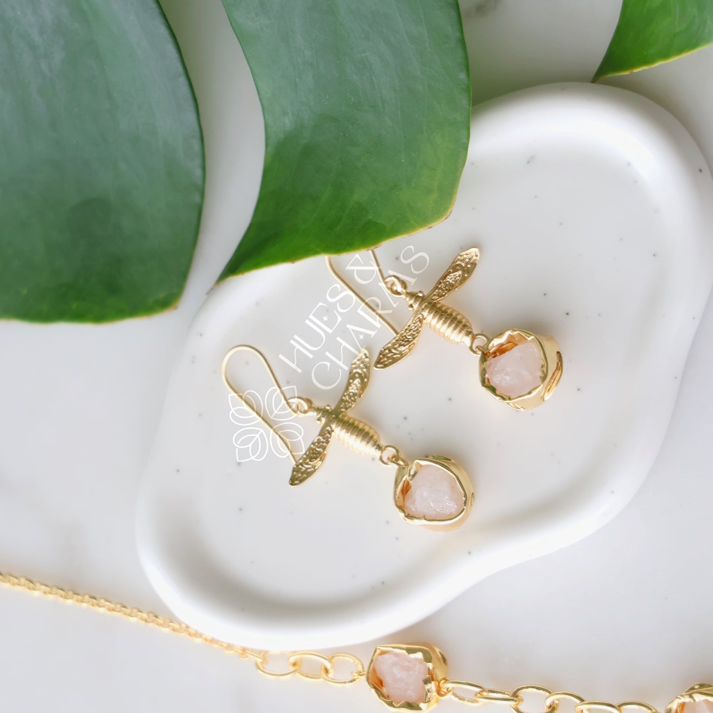 GOLDEN RAW STONE ENCHANTED DRAGONFLY NECKLACE SET (Colours available)