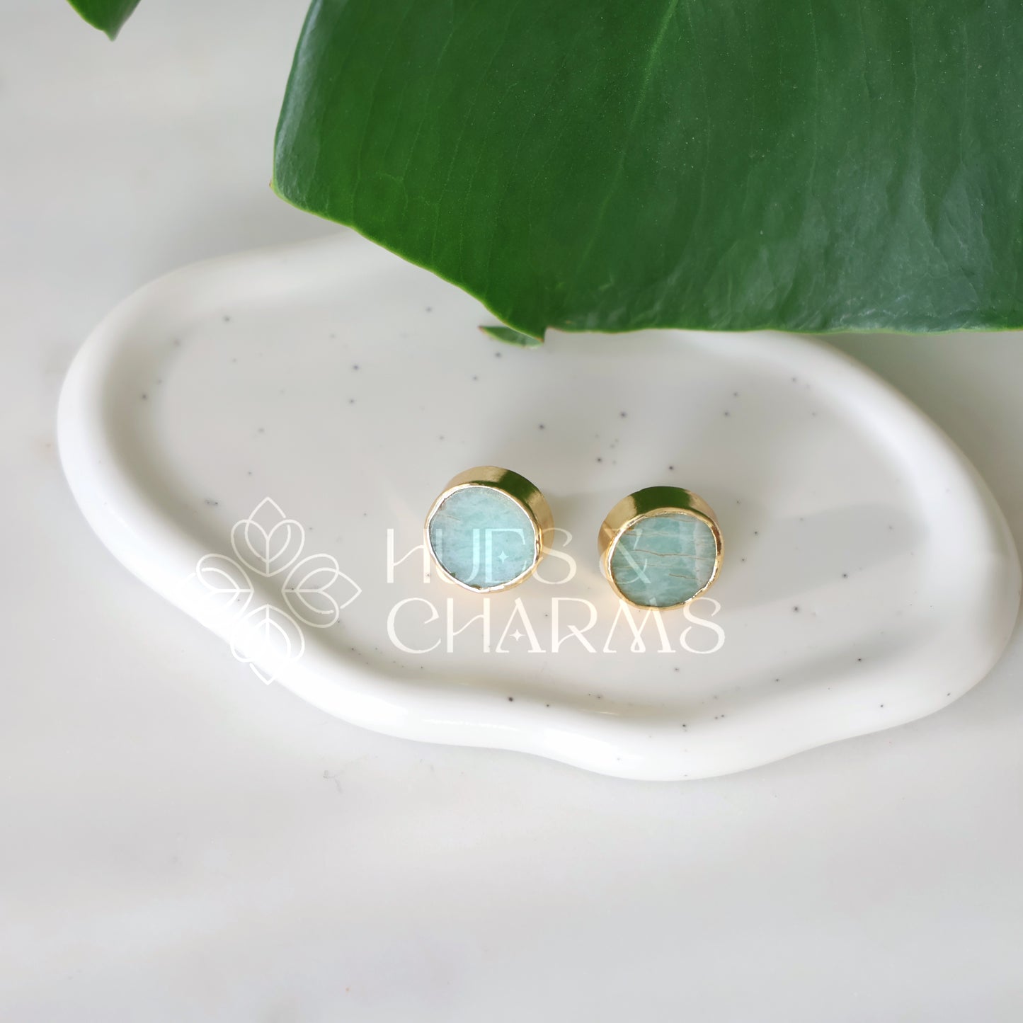 GOLDEN ROUND RAW STONE  STUD EARRINGS (COLOURS AVAILABLE)