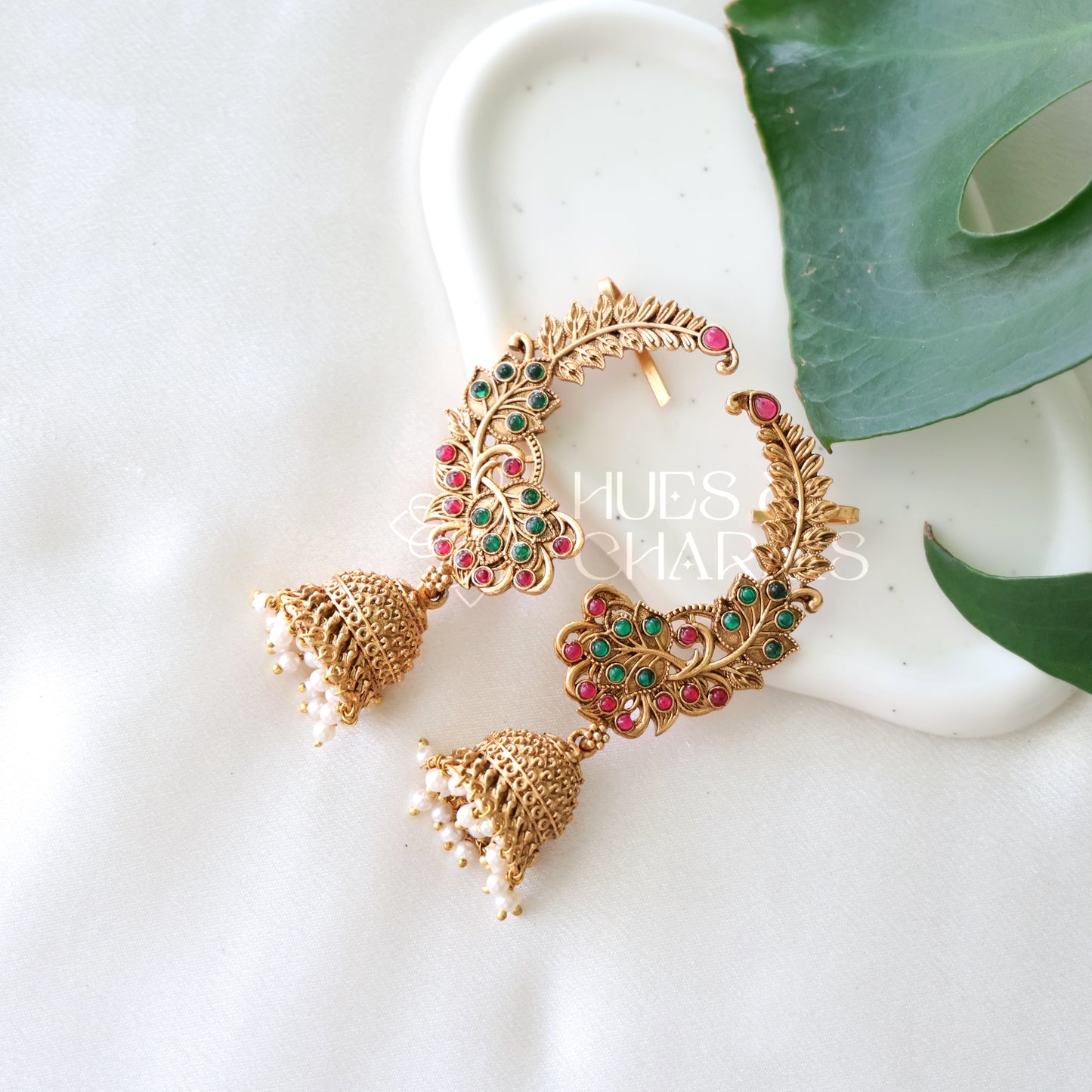 GOLDEN KANKA LEAF EAR CUFF JHUMKAS WITH PEARLS (COLOURS AVAILABLE)