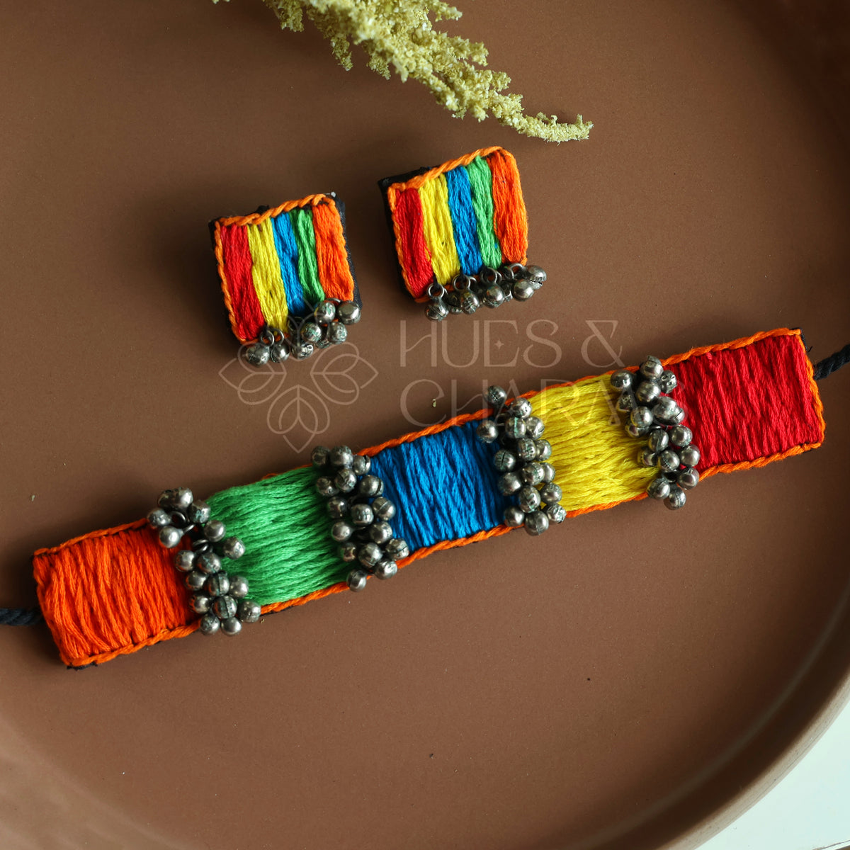 MULTICOLOURED FABRIC BOHO CHOKER SET WITH GHUNGAROO