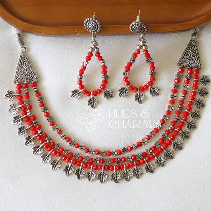 OXIDIZED 3 LAYER RED NECKLACE SET