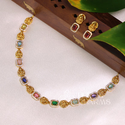 GOLDEN NAVARATNA LAKSHMI AD NECKLACE SET (Colours available)