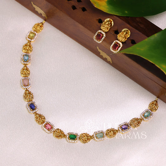 GOLDEN NAVARATNA LAKSHMI AD NECKLACE SET (Colours available)
