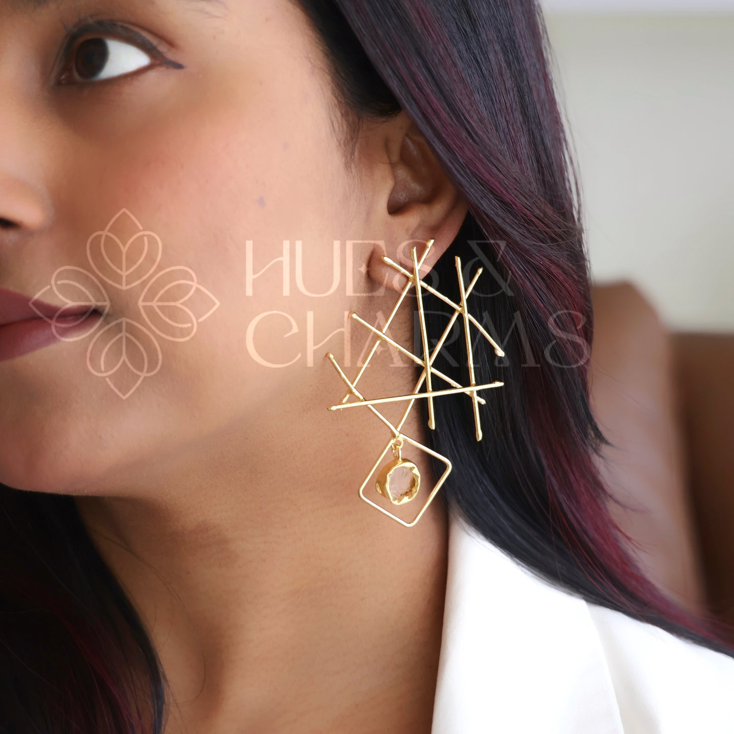 GOLDEN RAW STONE GRID DROPS EARRINGS (Colours available)