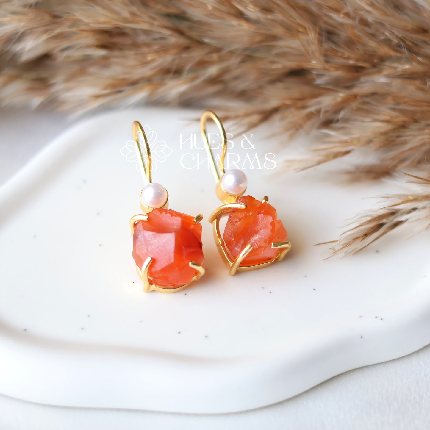 RAW STONE DROP WITH PEARL - CARNELIAN