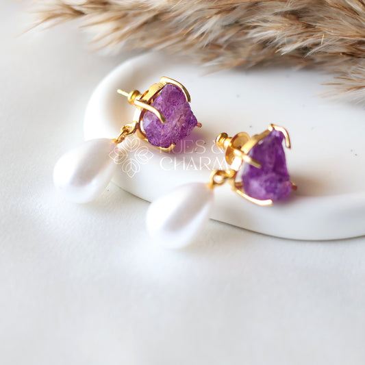 GOLDEN RAW DYED STONE PEARL DROP EARRINGS- PURPLE