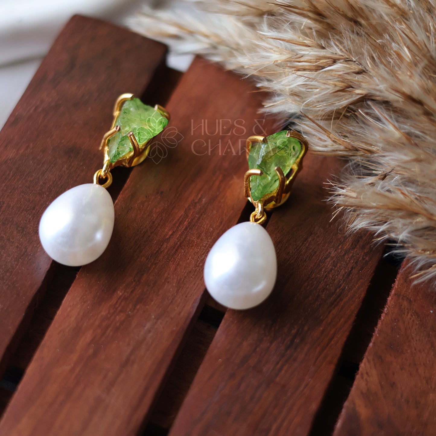 GOLDEN RAW DYED STONE PEARL DROP EARRINGS- LIGHT GREEN