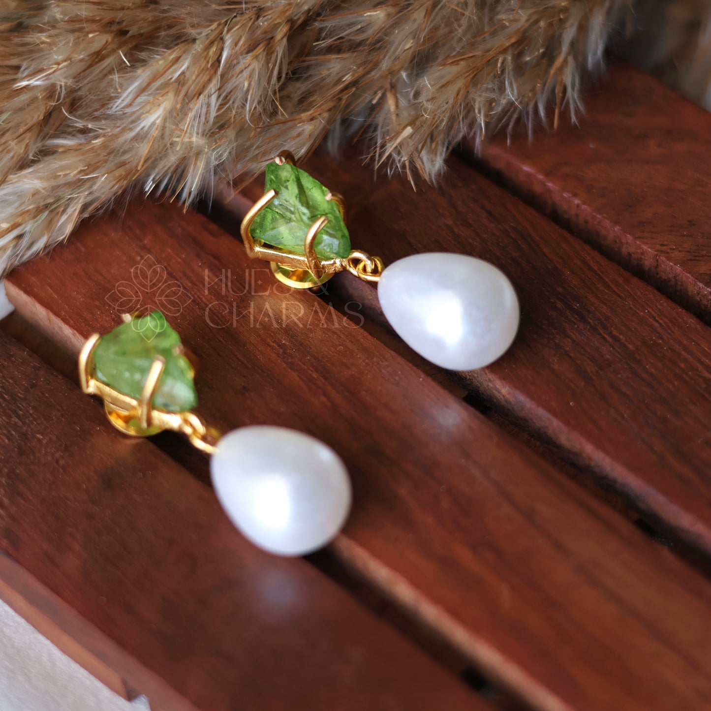 GOLDEN RAW DYED STONE PEARL DROP EARRINGS- LIGHT GREEN