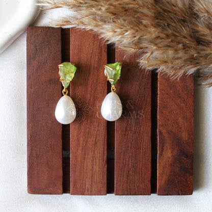 GOLDEN RAW DYED STONE PEARL DROP EARRINGS- LIGHT GREEN