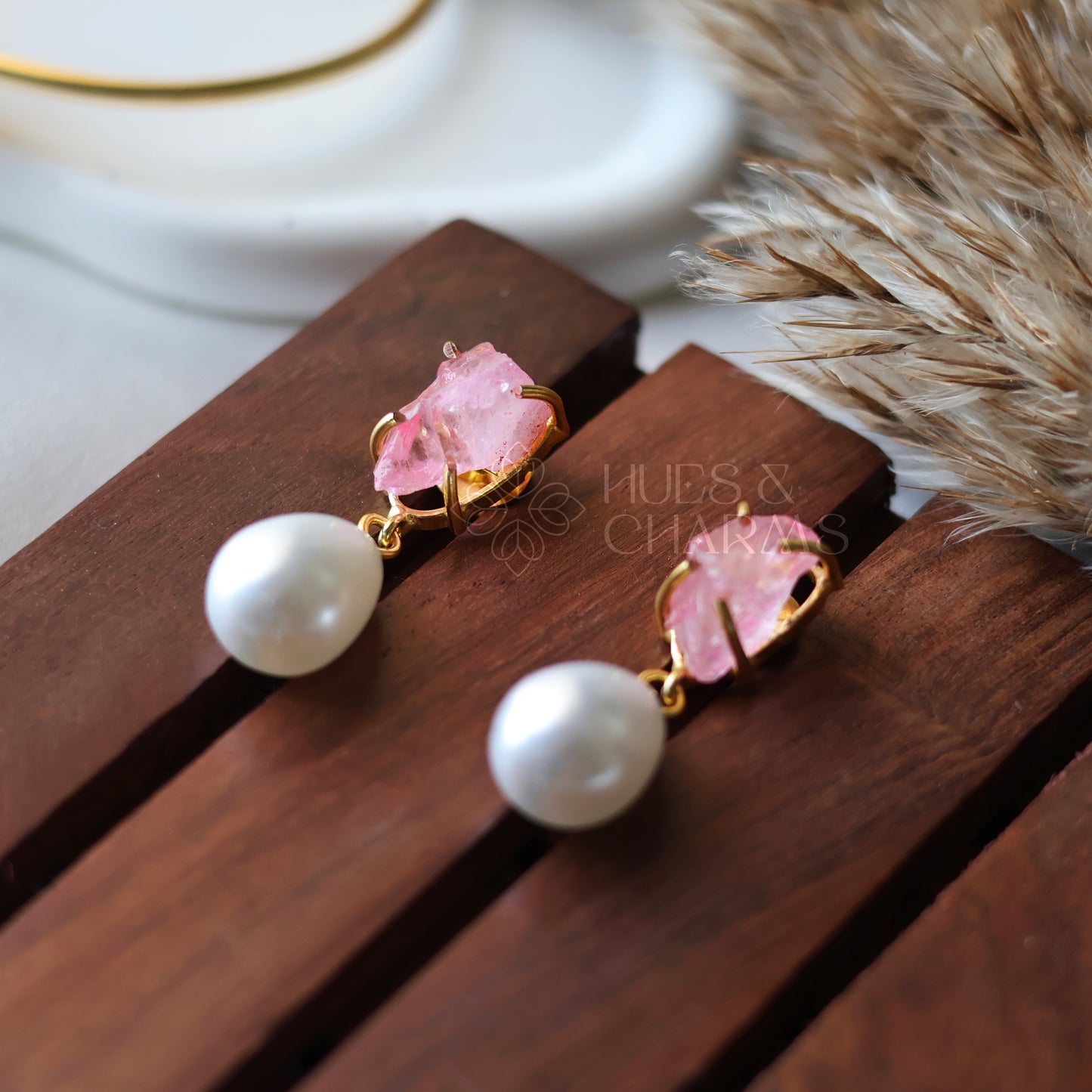 GOLDEN RAW DYED STONE PEARL DROP EARRINGS- BABY PINK