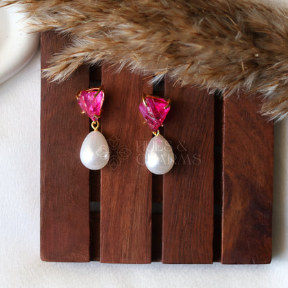 GOLDEN RAW DYED STONE PEARL DROP EARRINGS- DARK PINK