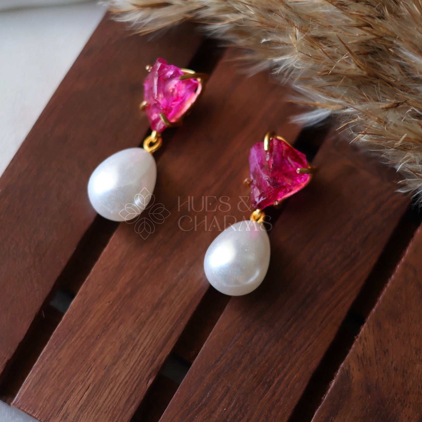 GOLDEN RAW DYED STONE PEARL DROP EARRINGS- DARK PINK