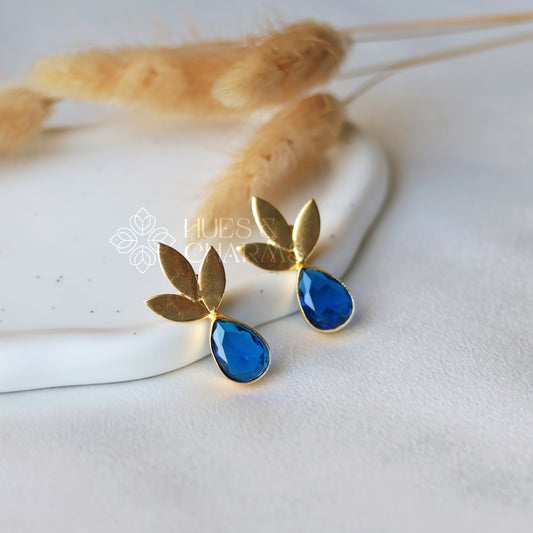 GOLDEN 3 LEAF GLOSSY EARRINGS - ROYAL BLUE