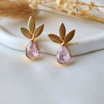 GOLDEN 3 LEAF GLOSSY EARRINGS - LIGHT PINK