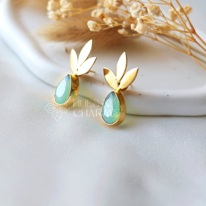 GOLDEN 3 LEAF GLOSSY EARRINGS - CLOUDY OCEAN GREEN