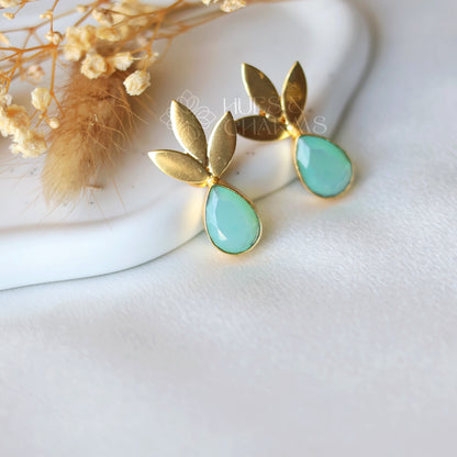 GOLDEN 3 LEAF GLOSSY EARRINGS - CLOUDY OCEAN GREEN