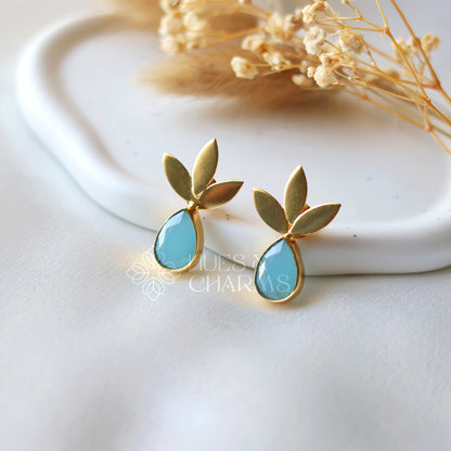 GOLDEN 3 LEAF GLOSSY EARRINGS - CLOUDY SKY BLUE