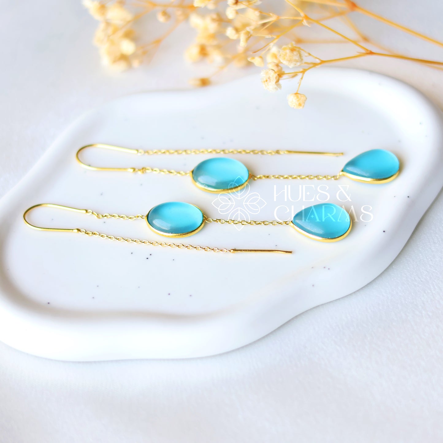 GOLDEN NEEDLE AND THREAD GLOSSY DROP EARRING - SKY BLUE