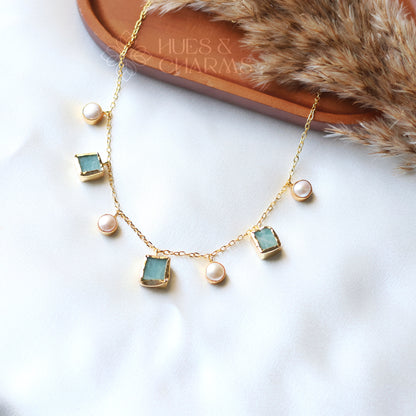 RAW STONE WITH PEARL DROPS NECKPIECE- AMAZONITE