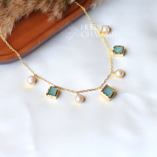 RAW STONE WITH PEARL DROPS NECKPIECE- AMAZONITE