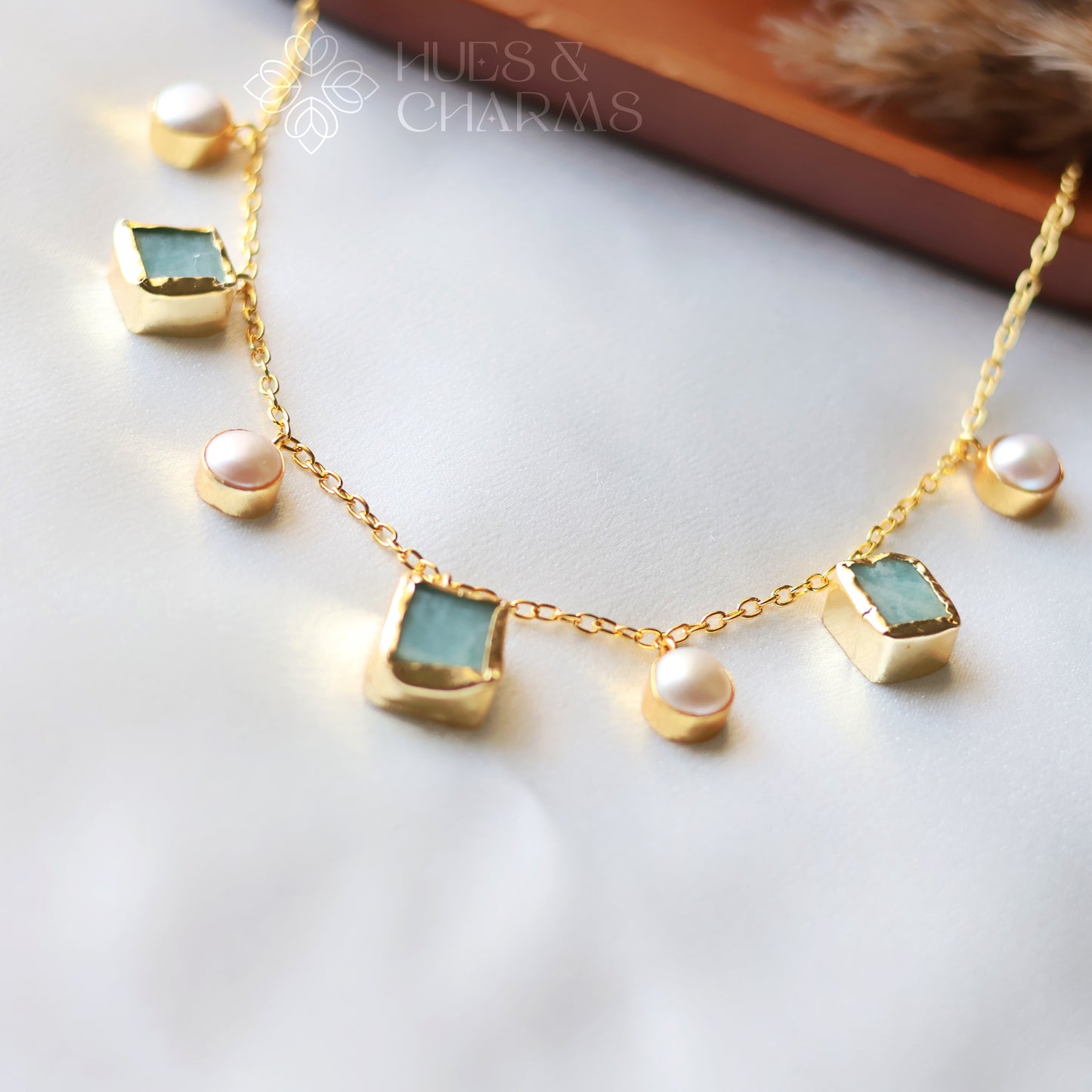 RAW STONE WITH PEARL DROPS NECKPIECE- AMAZONITE