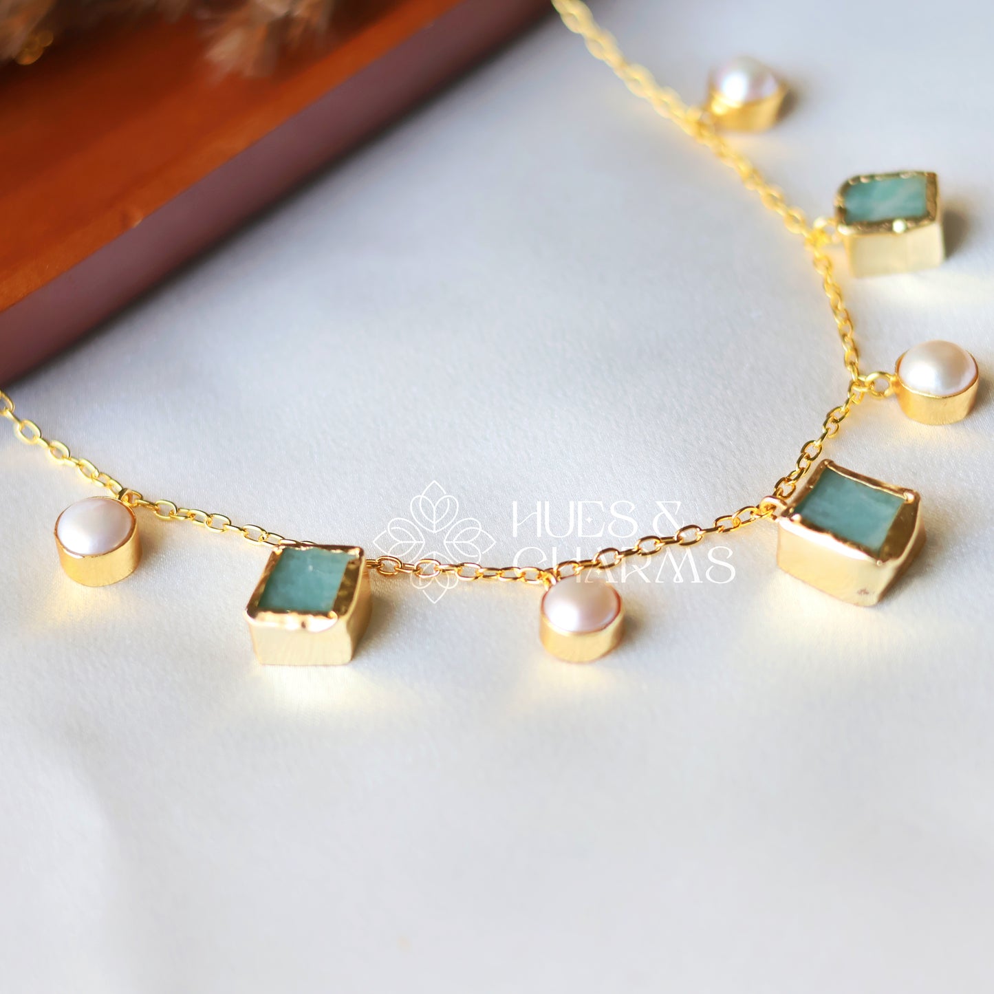 RAW STONE WITH PEARL DROPS NECKPIECE- AMAZONITE
