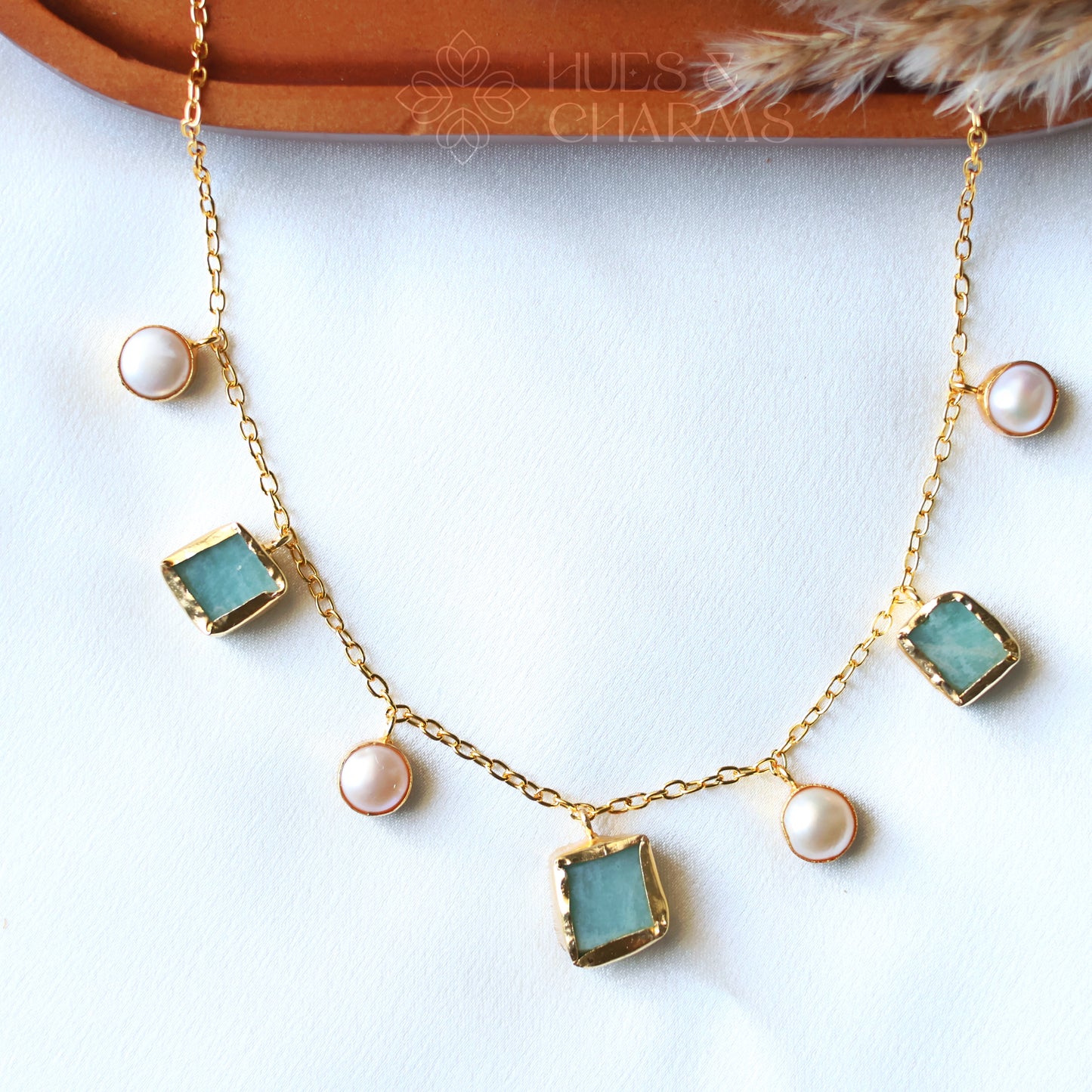 RAW STONE WITH PEARL DROPS NECKPIECE- AMAZONITE