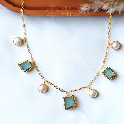 RAW STONE WITH PEARL DROPS NECKPIECE- AMAZONITE