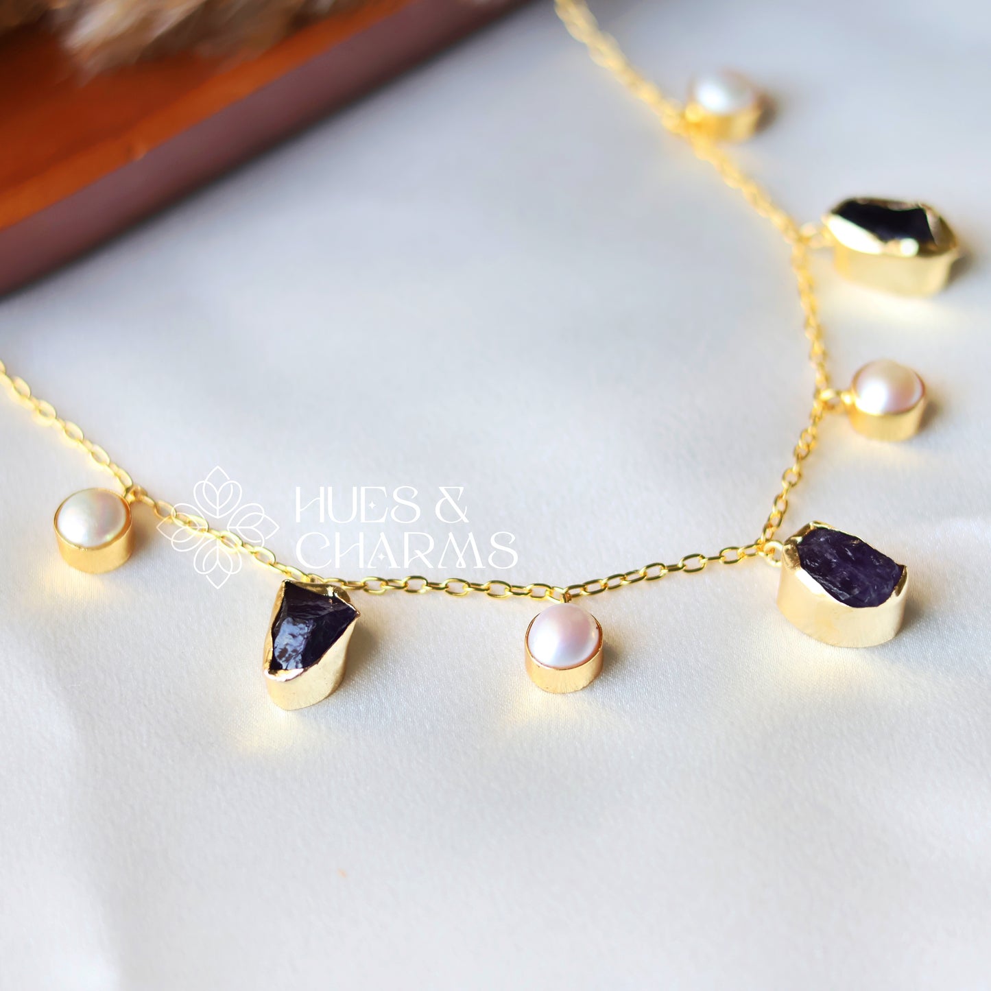 RAW STONE WITH PEARL DROPS NECKPIECE- AMETHYST