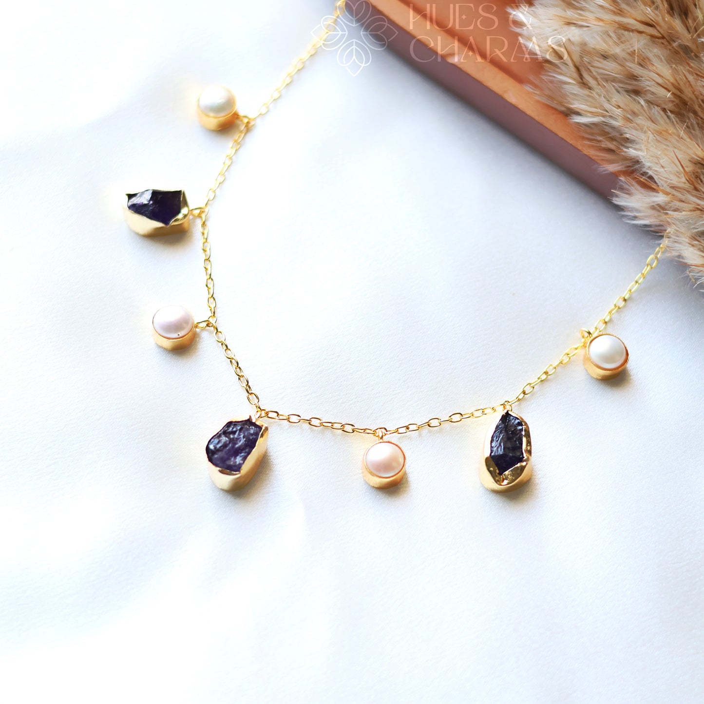 RAW STONE WITH PEARL DROPS NECKPIECE- AMETHYST