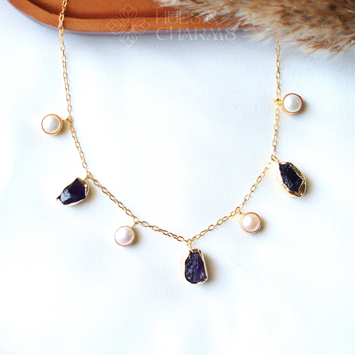 RAW STONE WITH PEARL DROPS NECKPIECE- AMETHYST