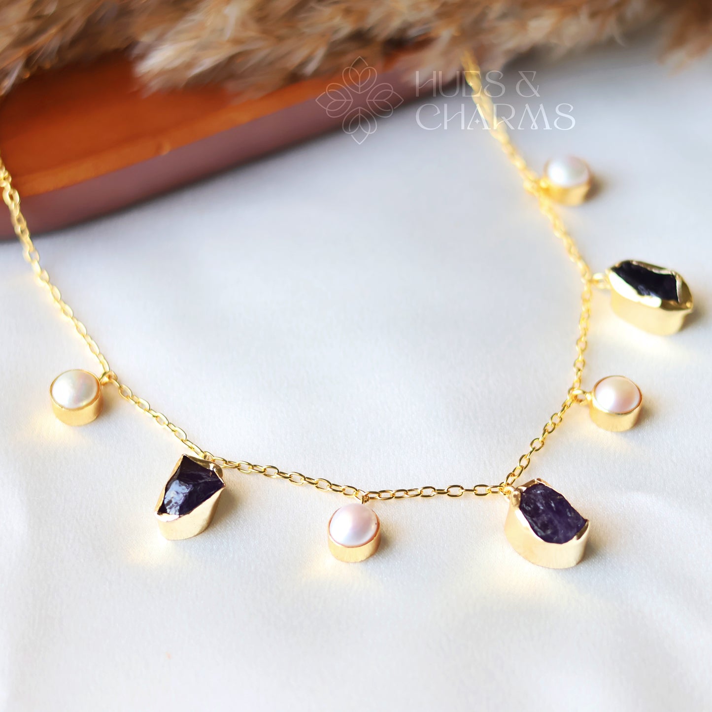 RAW STONE WITH PEARL DROPS NECKPIECE- AMETHYST