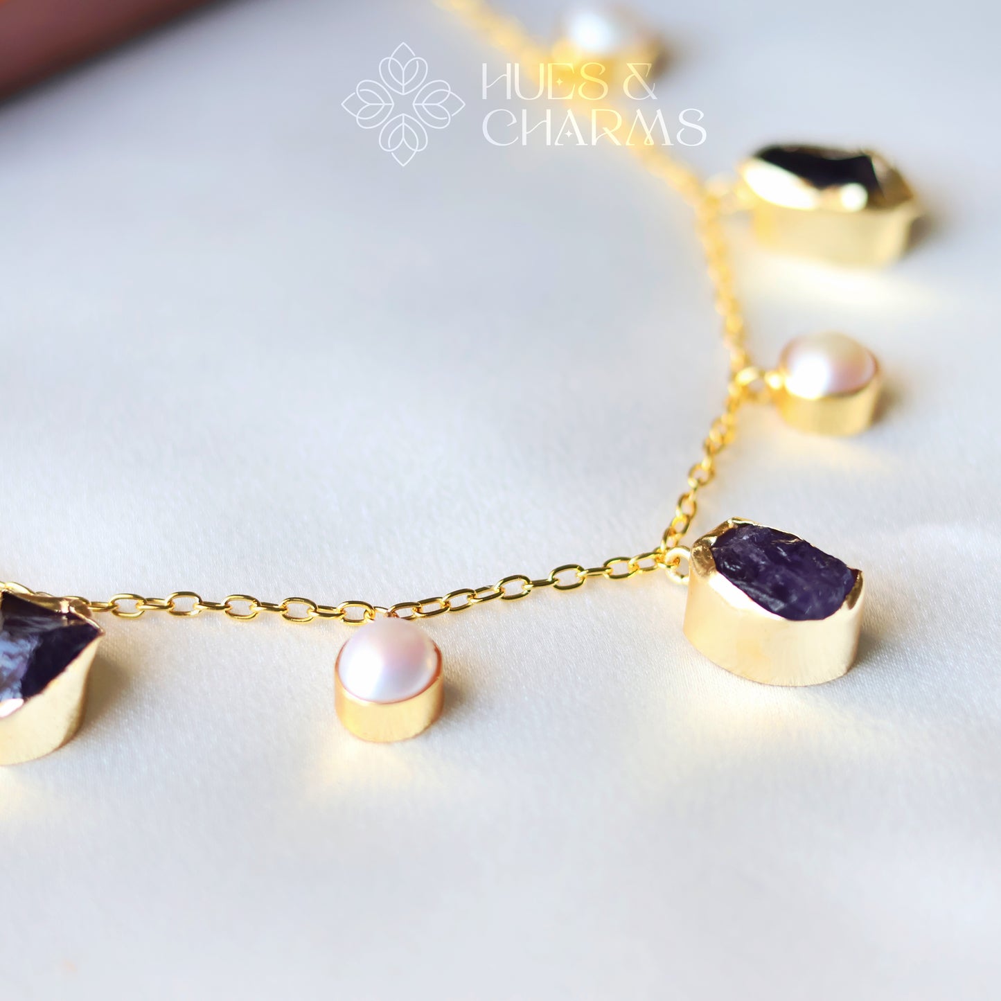 RAW STONE WITH PEARL DROPS NECKPIECE- AMETHYST